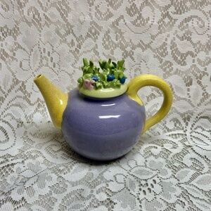 Antique, Rare, Heavy Ceramic Purple-Yellow Teapot with Green Floral Lid